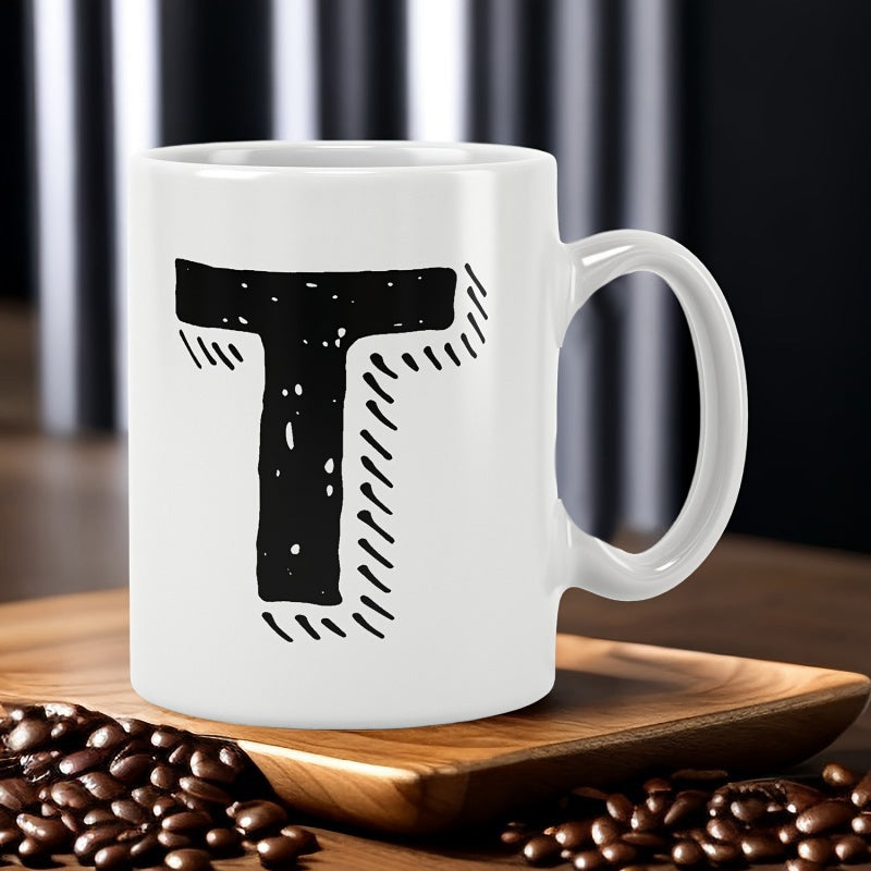 Tailorly White Ceramic 11 oz Mug - T Minimalist Hand Drawn Sketch Style With Textured Black Ink Hatching Shading Mug