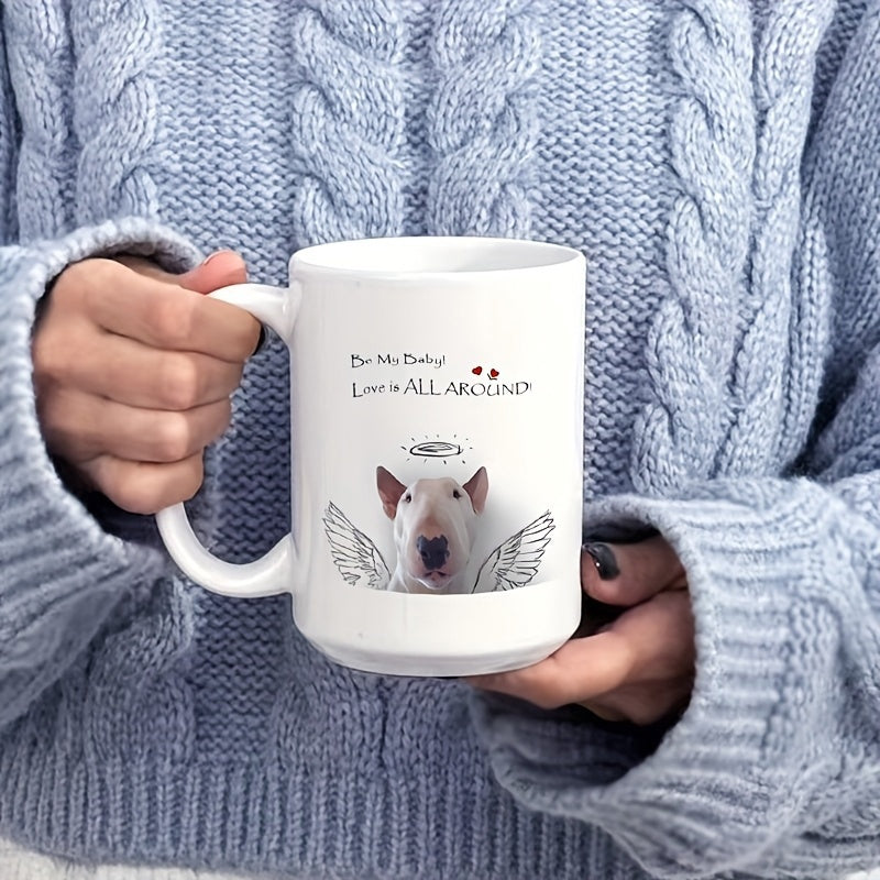 Tailorly White Ceramic 11 oz Mug - Be My Baby Love Is All Around Sketch Style Wings And Halo Over A Peaceful Bull Terrier