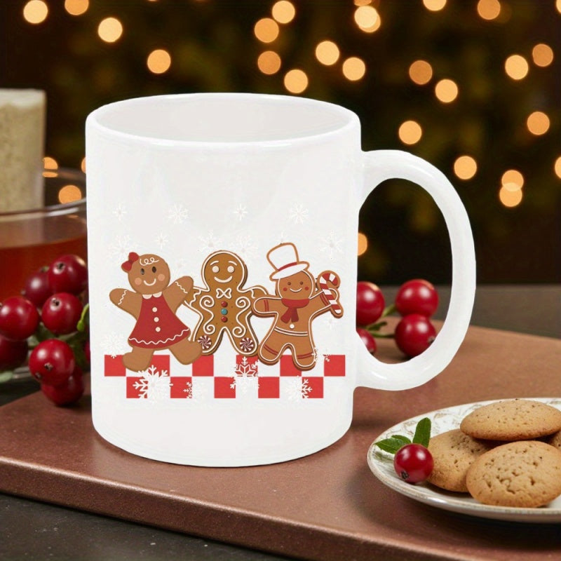 Tailorly White Ceramic 11 oz Mug - Festive Holiday Characters Standing On Red Checkered Pattern With Snowflakes Gingerbread