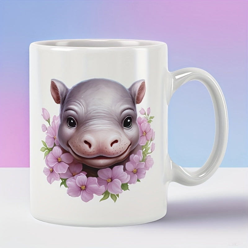 Tailorly White Ceramic 11 oz Mug - Adorable Baby Hippo Head Surrounded By Soft Blooming Pink Flowers Hippo