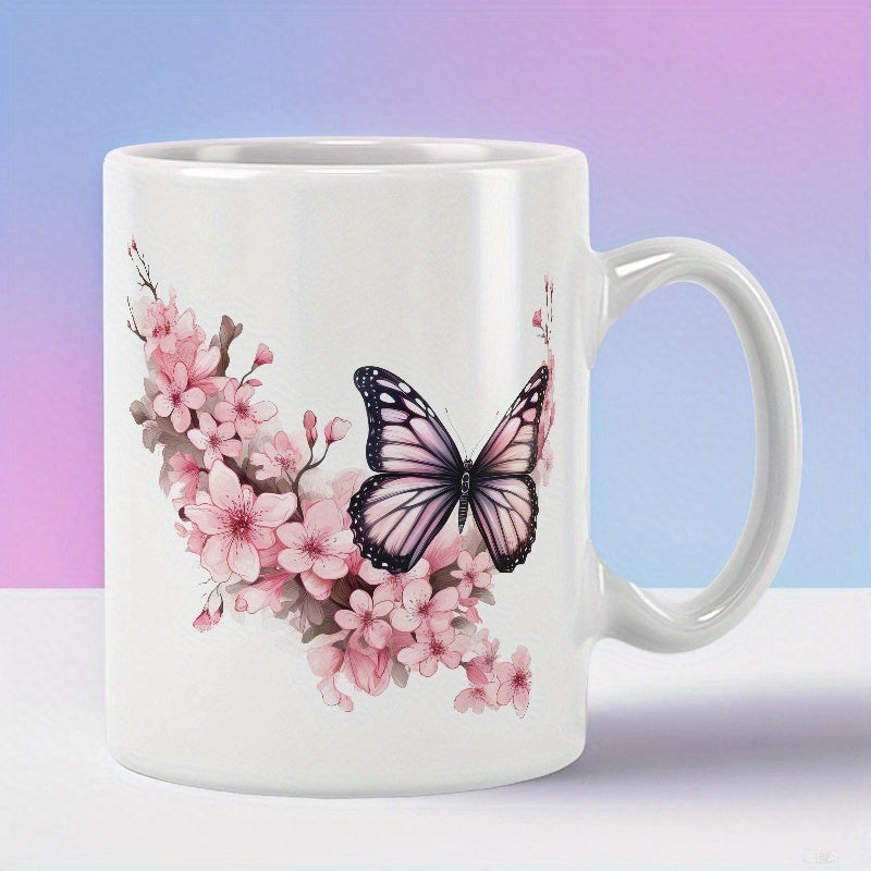 Tailorly White Ceramic 11 oz Mug - Delicate Pink Cherry Blossoms Blooming In Soft Spring Morning Light Butterfly
