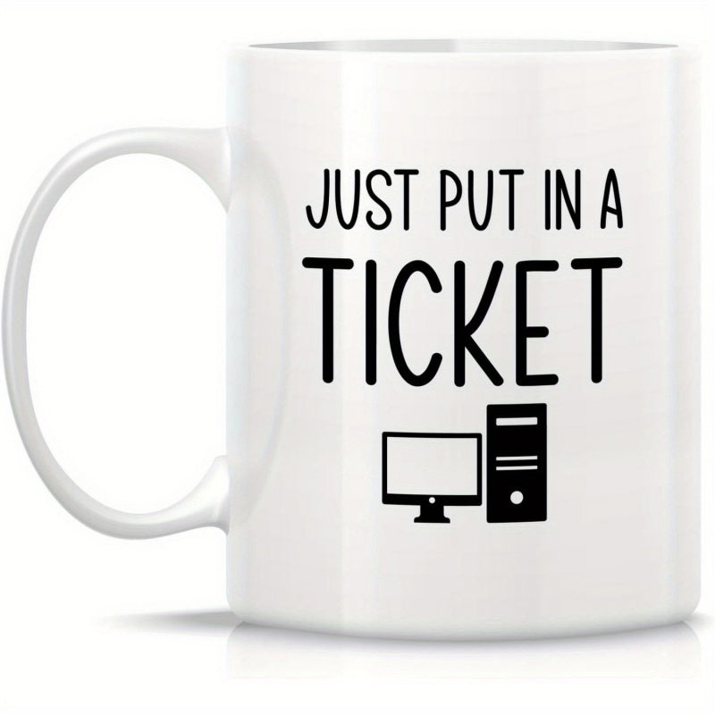 Tailorly White Ceramic 11 oz Mug - Just Put In A Ticket Minimalist Black Computer Icons Printed On A