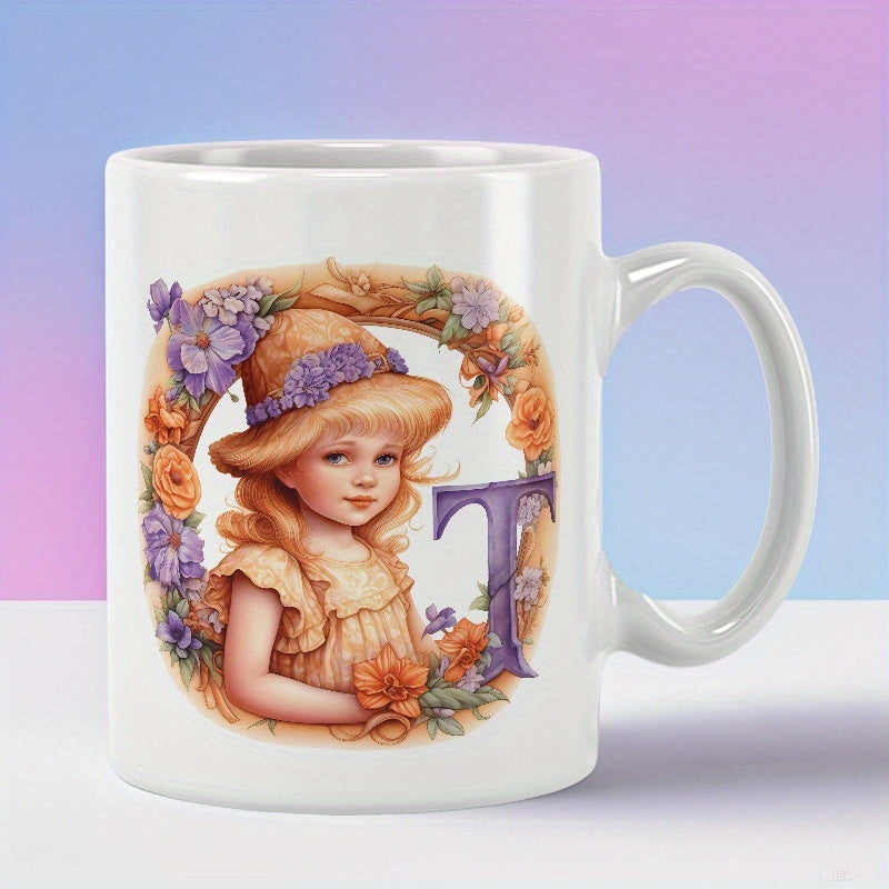 Tailorly White Ceramic 11 oz Mug - T Vintage Style Young Girl Wearing Floral Sun Hat Within Elegant Flower Wreath Girl