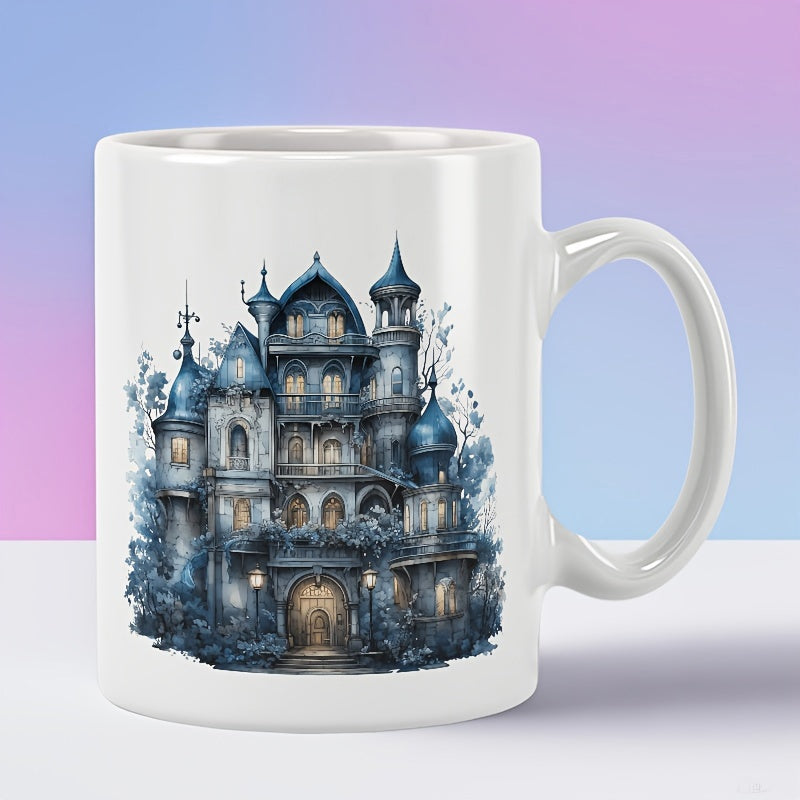 Tailorly White Ceramic 11 oz Mug - Mysterious Blue Gothic Haunted House Standing Among Eerie Withered Trees Castle