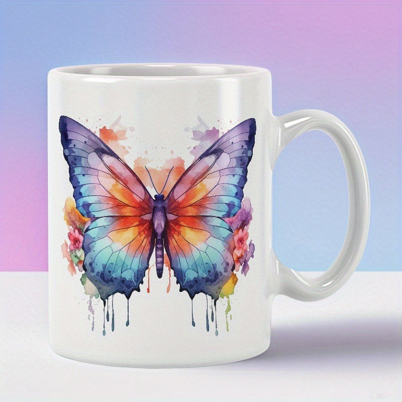 Tailorly White Ceramic 11 oz Mug - Vibrant Watercolor Textures With Splashing Paint Drips And Colorful Wings Butterfly
