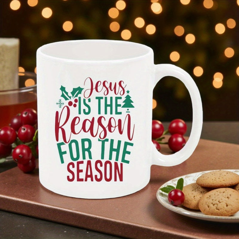 Tailorly White Ceramic 11 oz Mug - Jesus Is The Reason For The Season Festive Christmas Tree And Holly Leaves Decorative Pattern Mug