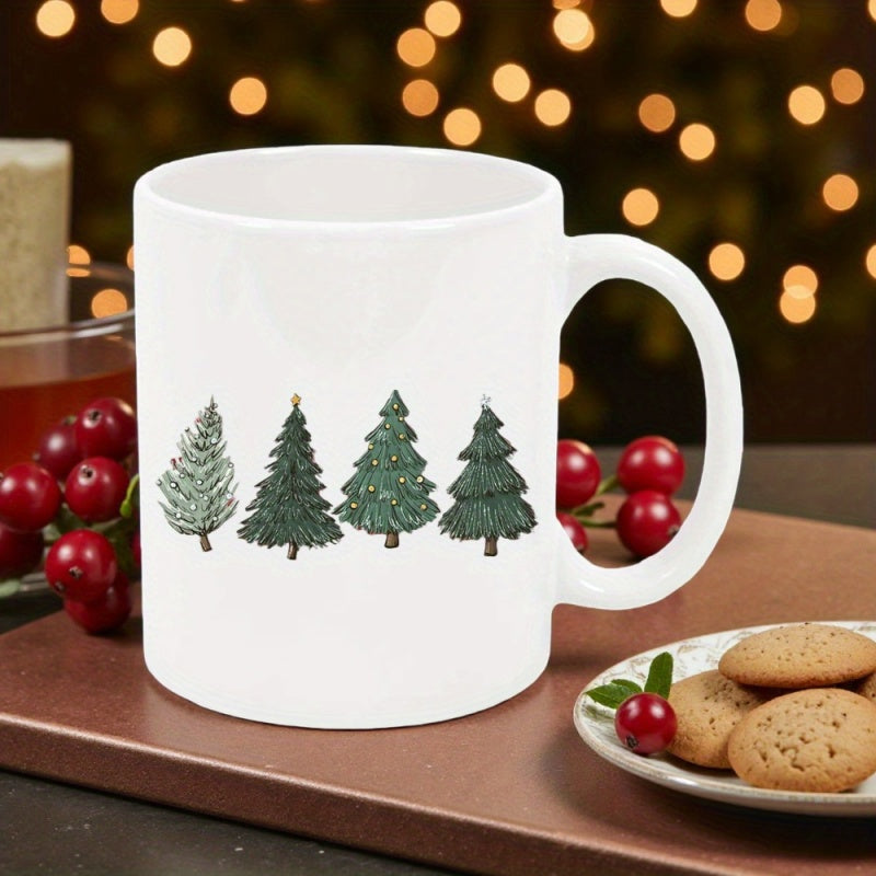 Tailorly White Ceramic 11 oz Mug - A Collection Of Evergreen Conifer Plants Standing In A Linear Festive Row Tree