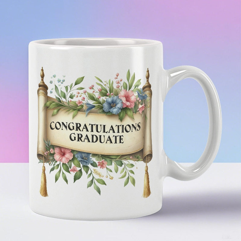 Tailorly White Ceramic 11 oz Mug - Congratulations Graduate Vintage Parchment Paper Wrapped In Elegant Blooming Garden Flowers Scroll