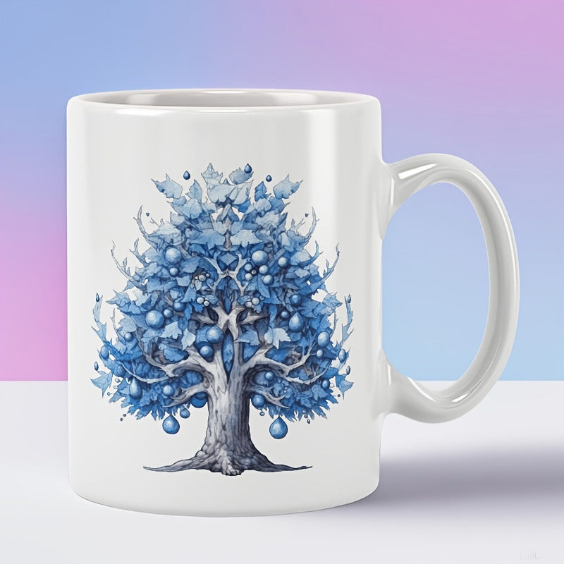 Tailorly White Ceramic 11 oz Mug - Intricate Blue Leaves And Round Fruits Growing On A Detailed Symmetrical Tree