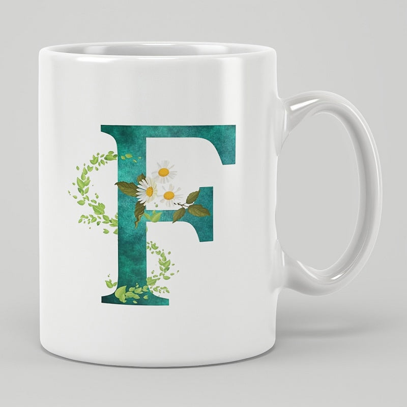 Tailorly White Ceramic 11 oz Mug - F Botanical Green Floral Texture With Delicate White Daisy Flowers And Vine Letter