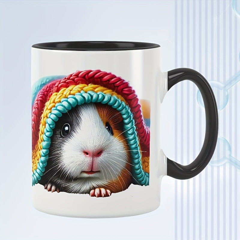 Tailorly Black Accent 11 oz Mug - a guinea pig peeking out from a colorful woven blanket