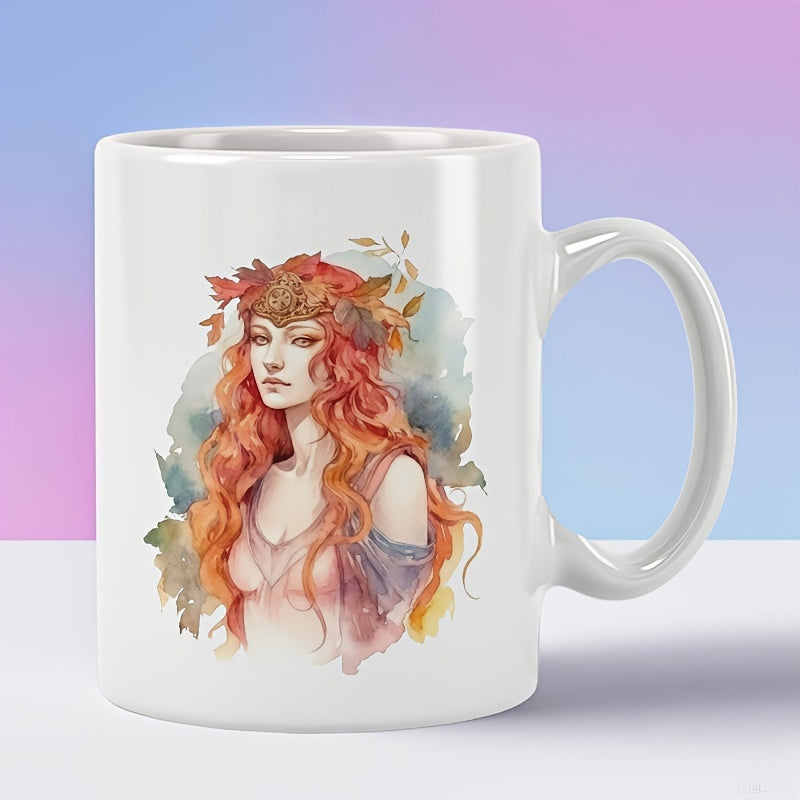 Tailorly White Ceramic 11 oz Mug - Watercolor Portrait Of A Woman With Flowing Red Hair Wearing Autumnal Leaves Lady