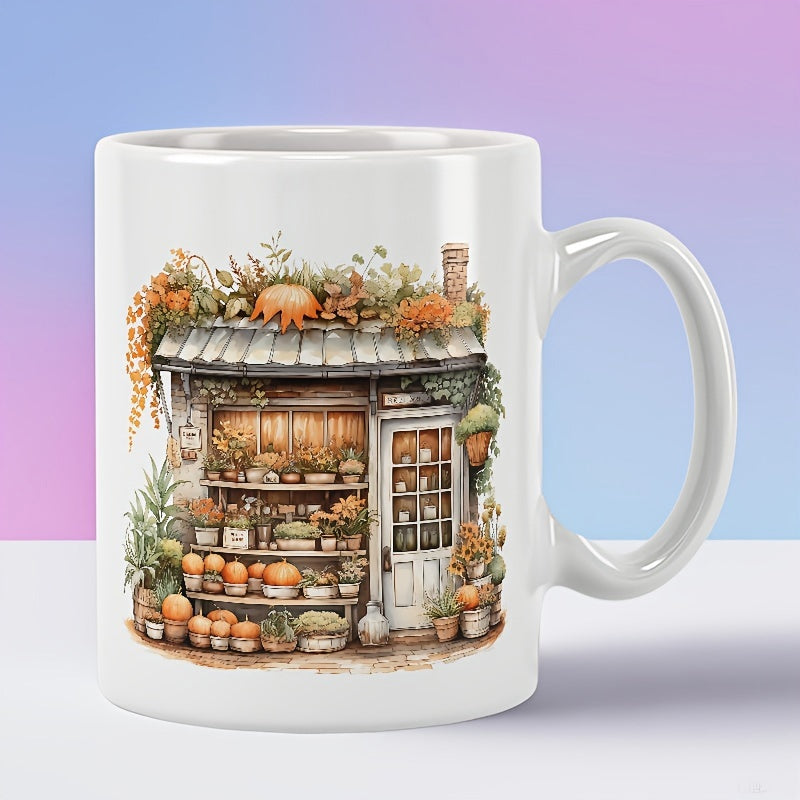 Tailorly White Ceramic 11 oz Mug - Vintage Flower Store With Ripe Pumpkins Nestled Among Greenery Under Roof Shop