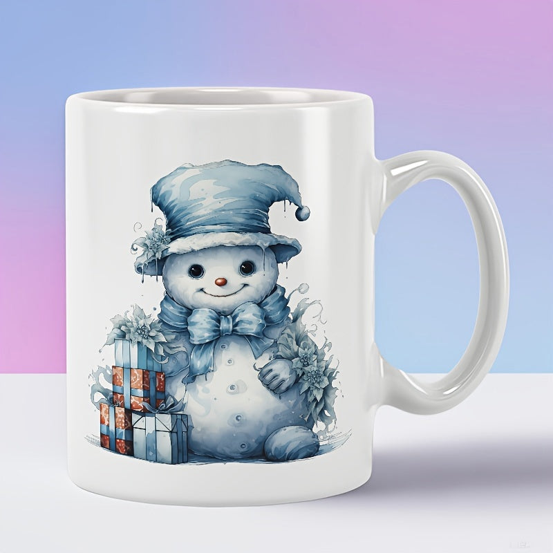Tailorly White Ceramic 11 oz Mug - Adorable Smiling Winter Character Wearing Blue Hat With Festive Gift Boxes Snowman