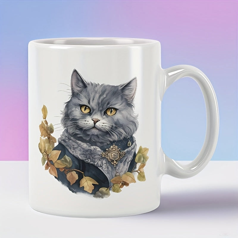 Tailorly White Ceramic 11 oz Mug - Majestic Grey Fluffy Feline Wearing Ornate Royal Garment Among Golden Leaves Cat
