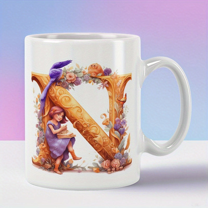 Tailorly White Ceramic 11 oz Mug - Ornate Golden Letter Decorated With Whimsical Flowers And Reading Girl Letter N