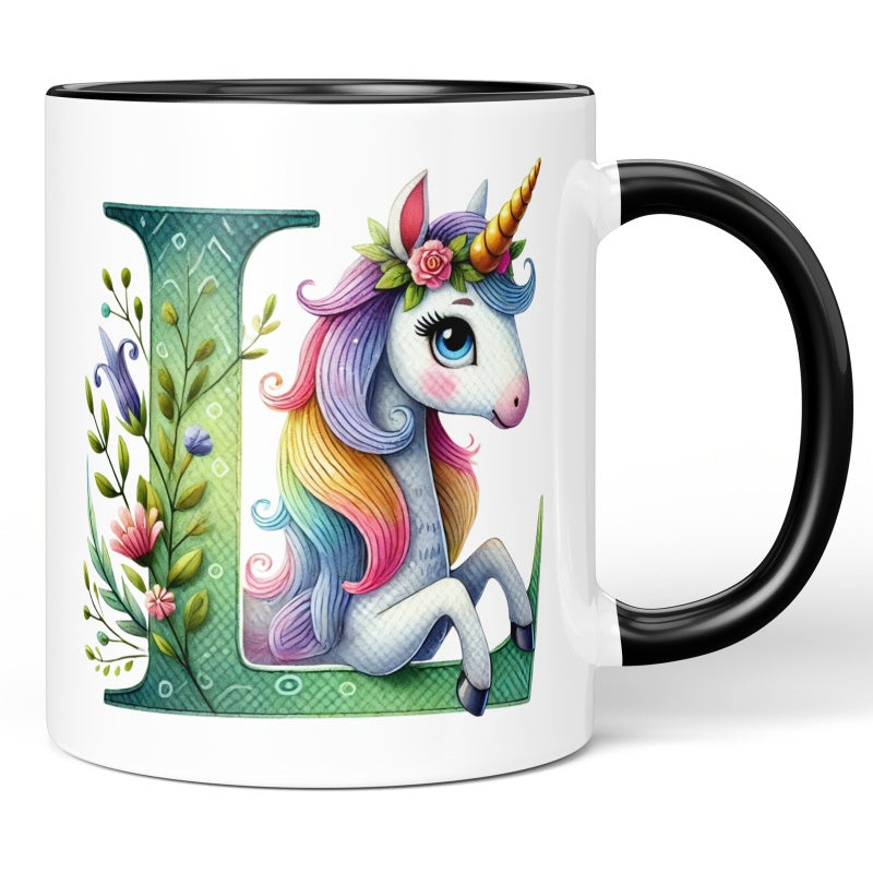Tailorly Black Accent 11 oz Mug - pastel colors pink purple blue green yellow cute unicorn