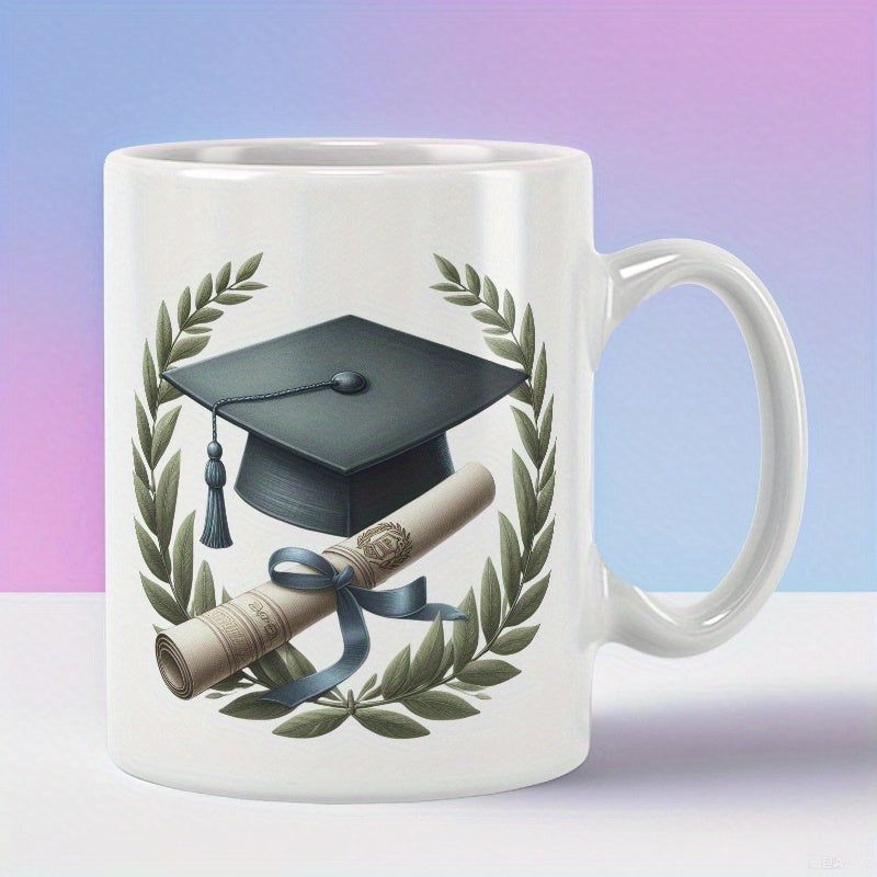Tailorly White Ceramic 11 oz Mug - Academic Celebration With Laurel Wreath And Tied Diploma Scroll Cap