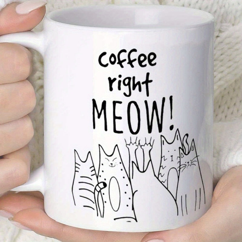 Tailorly White Ceramic 11 oz Mug - Coffee Right Meow Minimalist Hand Drawn Line Art Featuring Several Playful Stylized Sitting Cat