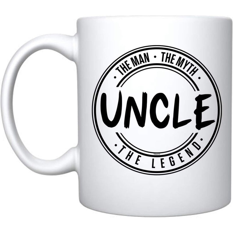 Tailorly White Ceramic 11 oz Mug - Uncle The Man The Myth The Legend Bold Circular Stamp Style With Double Line Border Frame Emblem