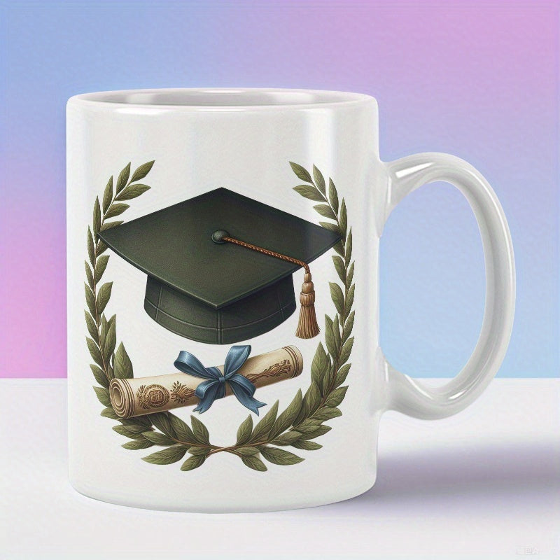 Tailorly White Ceramic 11 oz Mug - Classic Academic Graduation Mortarboard Surrounded By Green Laurel Wreath And Scroll Cap