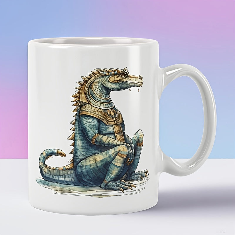 Tailorly White Ceramic 11 oz Mug - Majestic Blue Scaly Reptile Wearing Golden Armor Sitting In Calm Stance Crocodile
