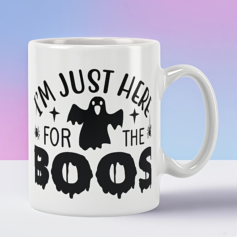 Tailorly White Ceramic 11 oz Mug - Im Just Here For The Boos Spooky Halloween Spirit With Hanging Spiders And Tiny Twinkling Stars Ghost