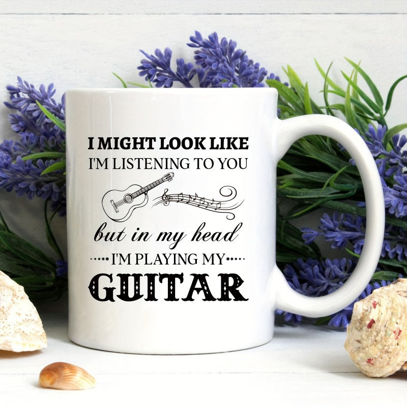 Tailorly White Ceramic 11 oz Mug - I Might Look Like Im Listening To You But In My Head Im Playing My Guitar Minimalist Line Art Sketch Featuring Musical Notes