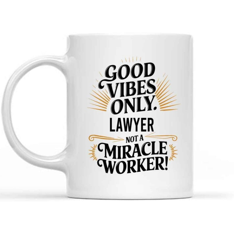 Tailorly White Ceramic 11 oz Mug - Good Vibes Only Lawyer Not A Miracle Worker Simple Gold Sunbursts And Decorative Lines Framing Text Elements Mug