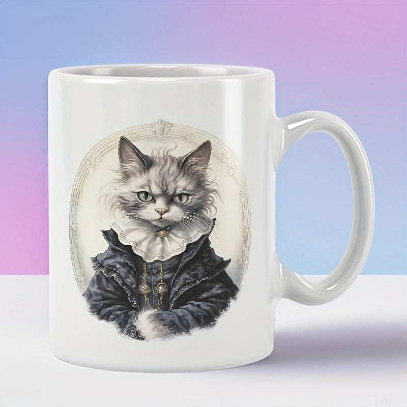 Tailorly White Ceramic 11 oz Mug - Regal Long Haired Feline Wearing Victorian Attire Inside An Ornate Frame Cat