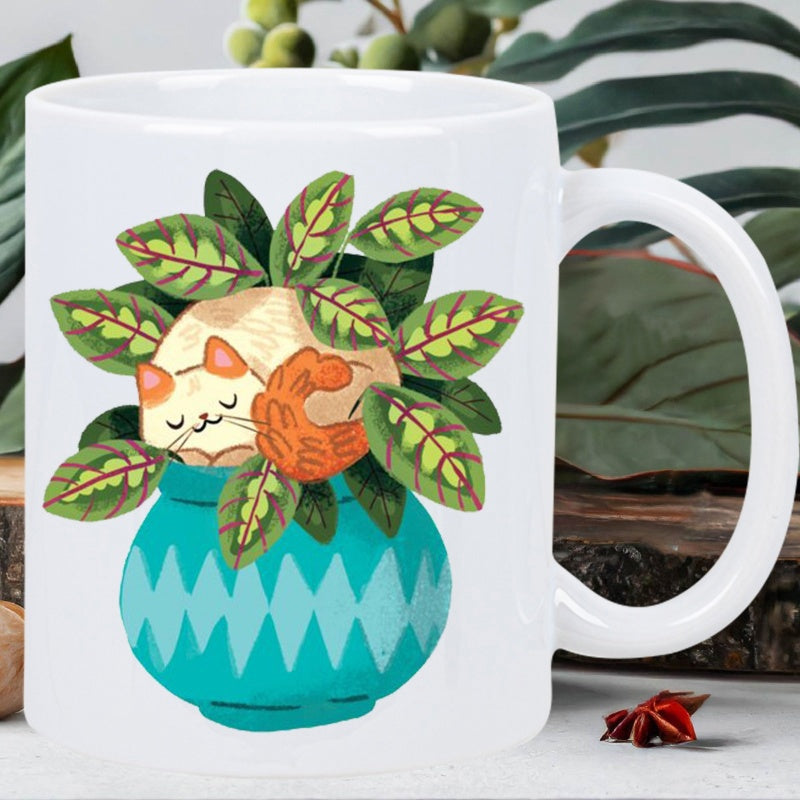 Tailorly White Ceramic 11 oz Mug - Adorable Kitten Sleeping Inside Teal Patterned Pot Surrounded By Vibrant Green Leaves Cat