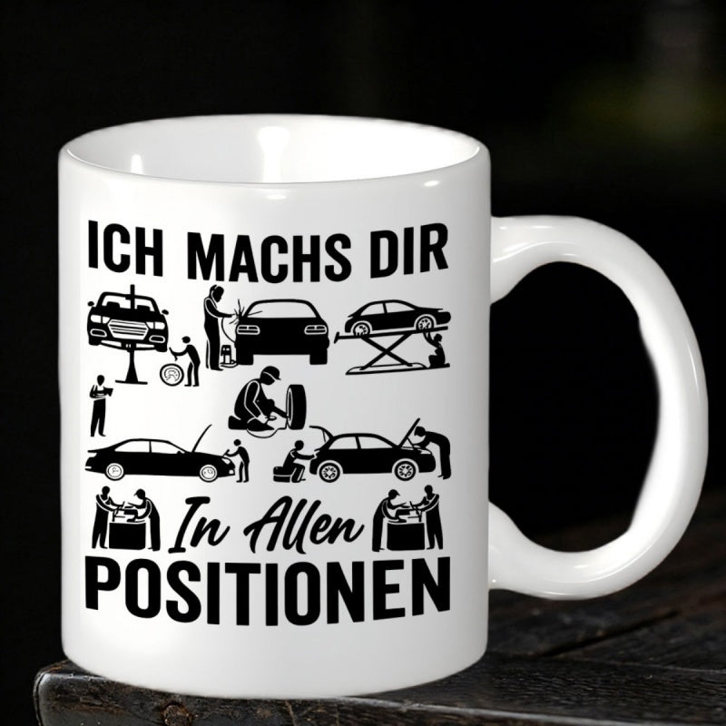 Tailorly White Ceramic 11 oz Mug - Silhouettes Of Skilled Technicians Repairing Different Types Of Vehicles And Engines Mechanic
