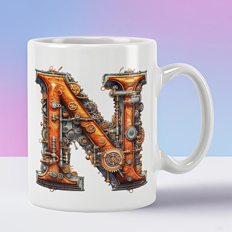 Tailorly White Ceramic 11 oz Mug - Industrial Steampunk Metallic Design With Ornate Gears And Copper Pipes Letter