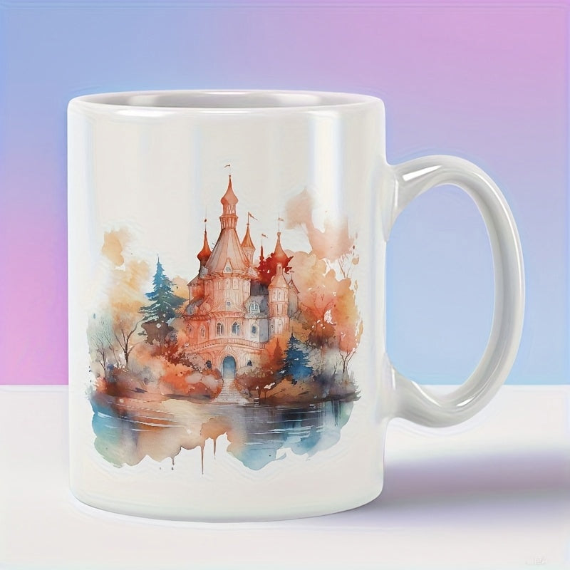 Tailorly White Ceramic 11 oz Mug - Watercolor Fairytale Building Reflecting On Calm Lake Water Near Autumn Trees Castle