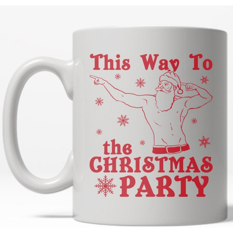 Tailorly White Ceramic 11 oz Mug - This Way To The Christmas Party Muscular Shirtless Man Pointing Direction Surrounded By Red Decorative Snowflakes Festive Santa