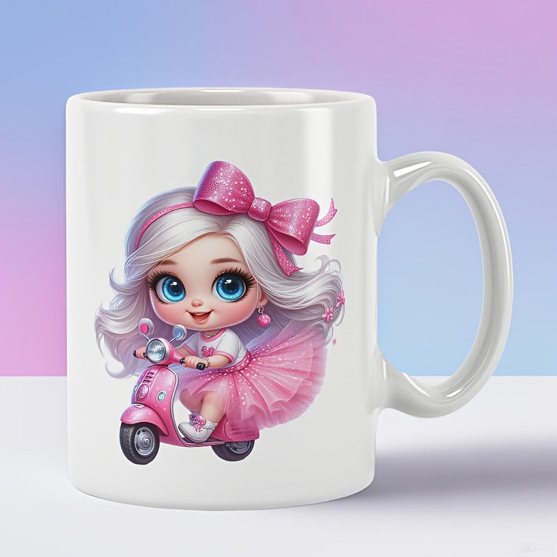 Tailorly White Ceramic 11 oz Mug - Cute Chibi Styling Riding A Pink Scooter Wearing A Glittery Bow Girl