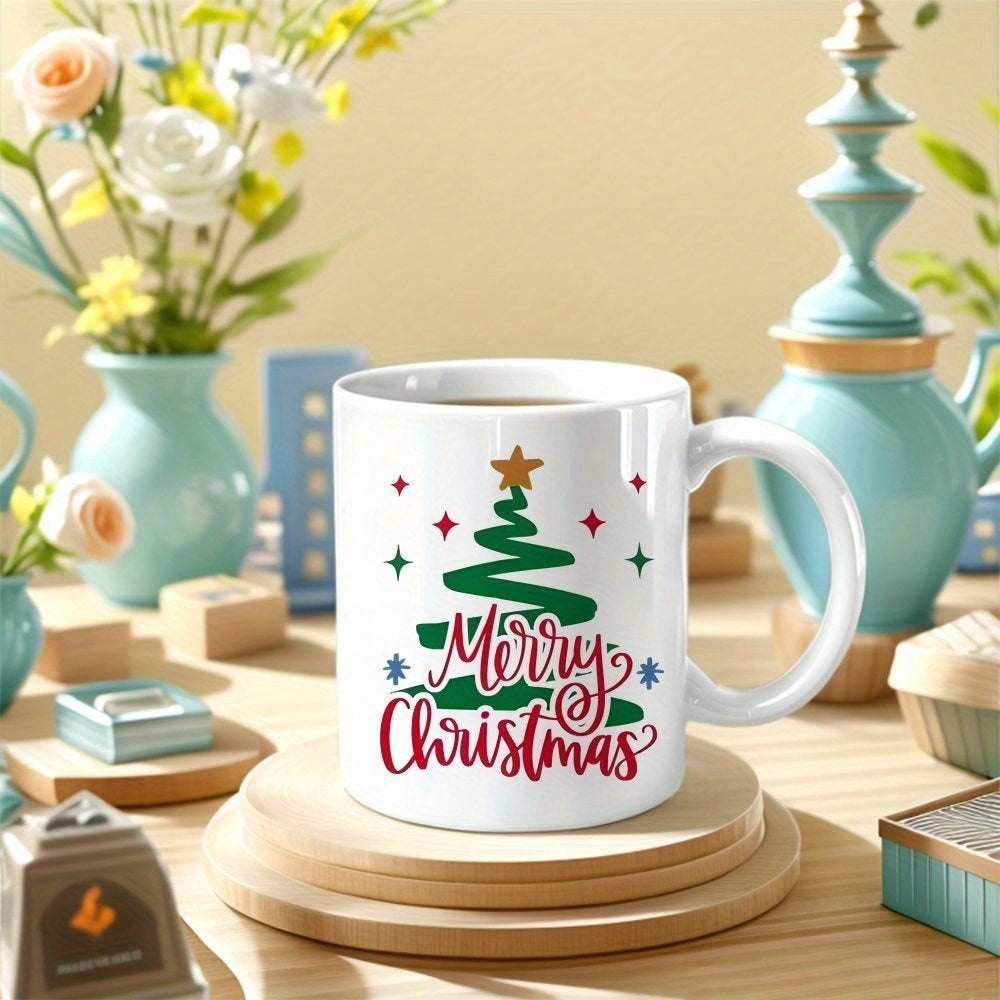 Tailorly White Ceramic 11 oz Mug - Merry Christmas Artistic Swirling Green Tree Decorated With Golden Star And Colorful Sparkles Tree
