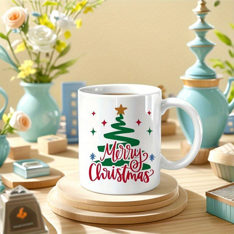 Tailorly White Ceramic 11 oz Mug - Merry Christmas Artistic Swirling Green Tree Decorated With Golden Star And Colorful Sparkles Tree