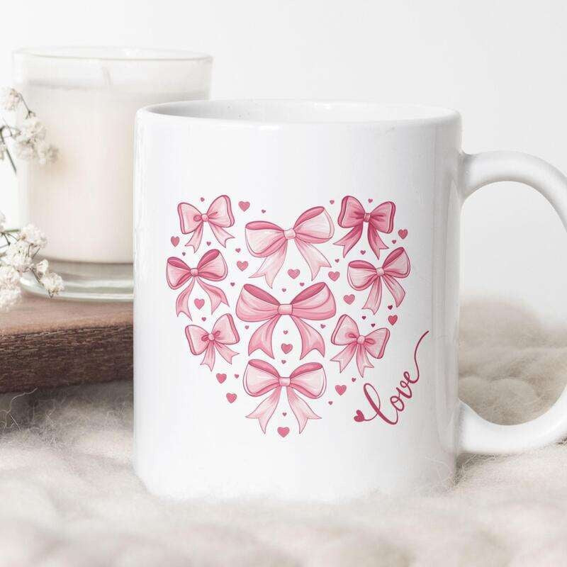 Tailorly White Ceramic 11 oz Mug - Love Pink Ribbon Bows Arranged Together To Form A Beautiful Romantic Heart