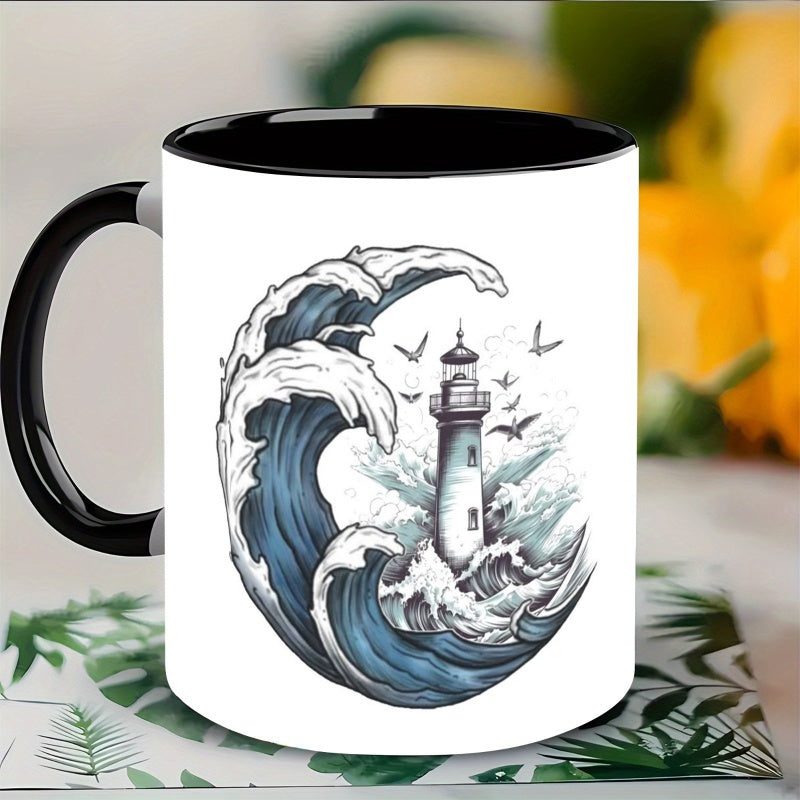 Tailorly Black Accent 11 oz Mug - lighthouse wave nautical pattern beach decor