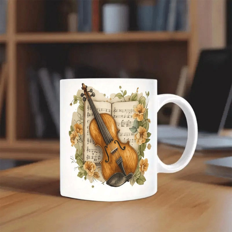 Tailorly White Ceramic 11 oz Mug - Classic Wooden Instrument With Sheet Music Among Blooming Yellow Flowers Violin