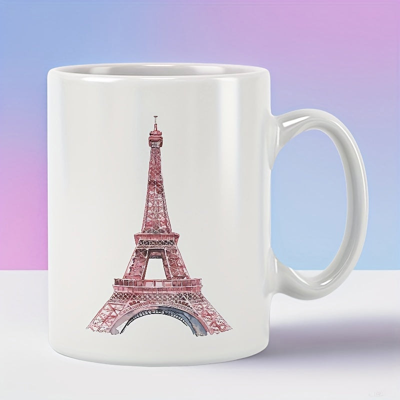Tailorly White Ceramic 11 oz Mug - Artistic Pink Watercolor Sketch Of Elegant Parisian Architecture Landmark Eiffel Tower