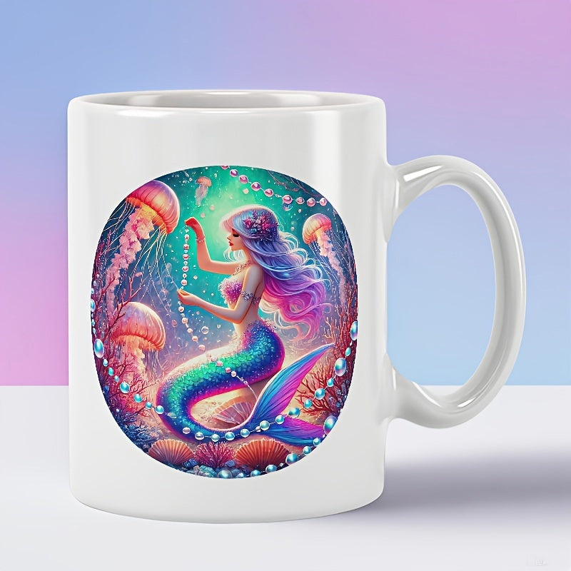 Tailorly White Ceramic 11 oz Mug - Magical Underwater Fantasy Scene Featuring Glowing Jellyfish And Colorful Tail Mermaid