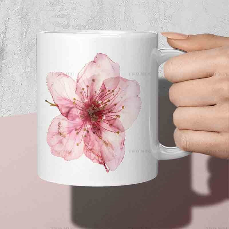 Tailorly White Ceramic 11 oz Mug - Delicate Watercolor Pink Cherry Blossom Featuring Soft Natural Petals Flower