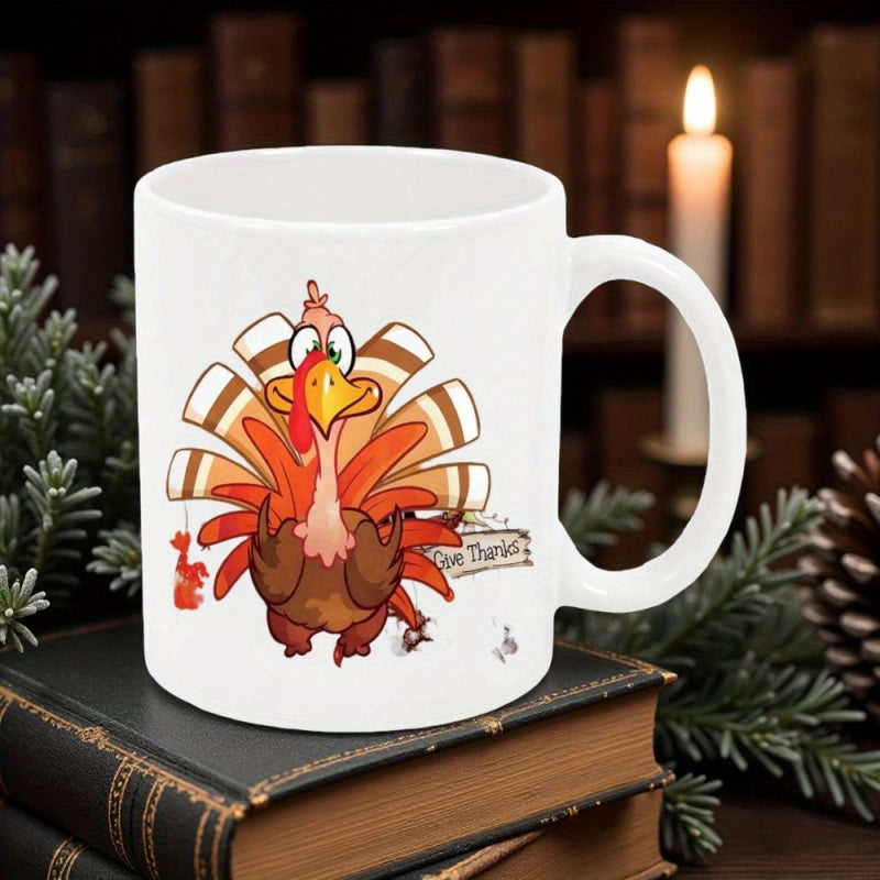 Tailorly White Ceramic 11 oz Mug - Give Thanks Festive Cartoon Bird With Fanned Tail And Expressive Eyes Turkey