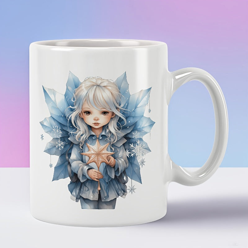 Tailorly White Ceramic 11 oz Mug - Fantasy Winter Child Holding A Glowing Star Among Blue Leaves Fairy