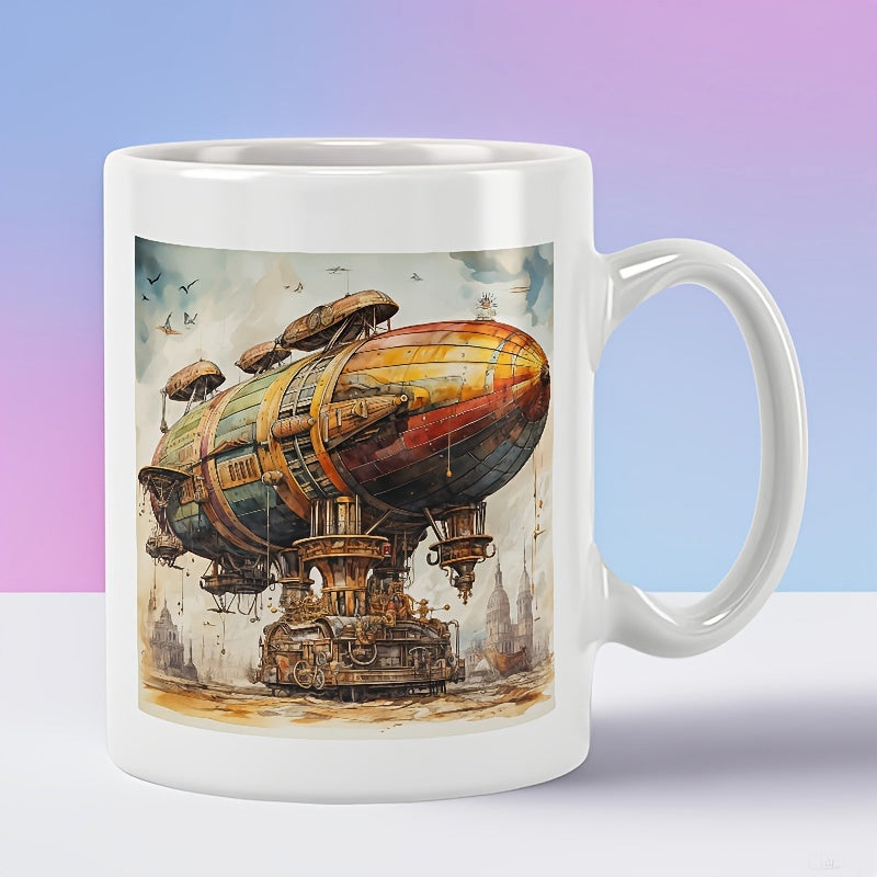 Tailorly White Ceramic 11 oz Mug - Mechanical Steampunk Style Vessel Floating Above Industrial Landscape With Birds In Flight Airship