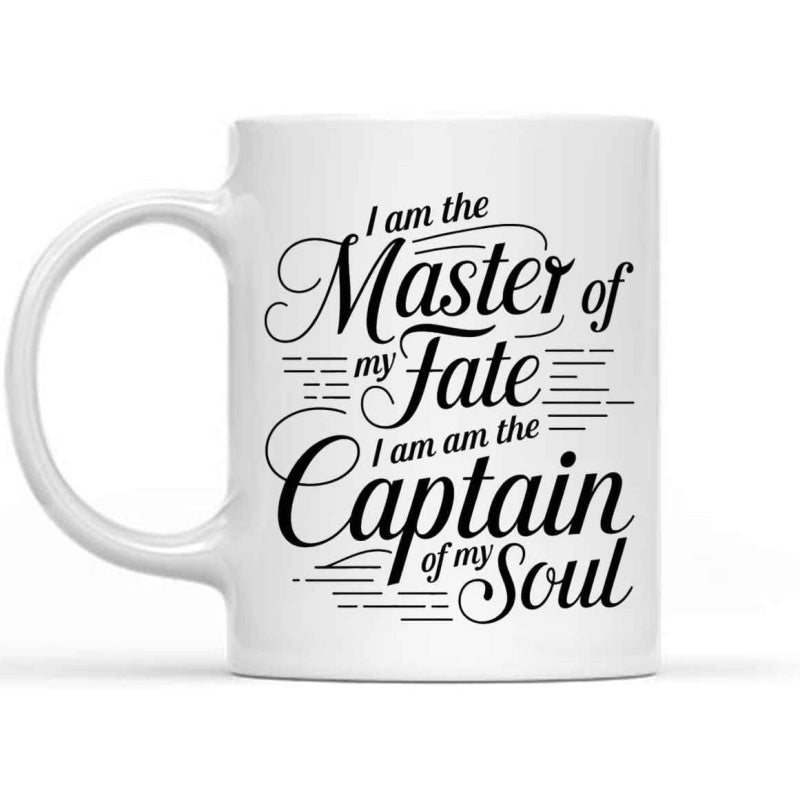 Tailorly White Ceramic 11 oz Mug - I Am The Master Of My Fate I Am The Captain Of My Soul Elegant Script Lettering With Decorative Horizontal Lines And Swirling