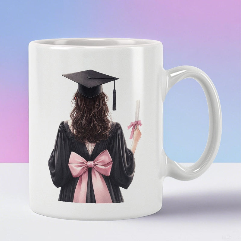Tailorly White Ceramic 11 oz Mug - Female Student Wearing Black Academic Gown And Mortarboard Holding Diploma Graduate