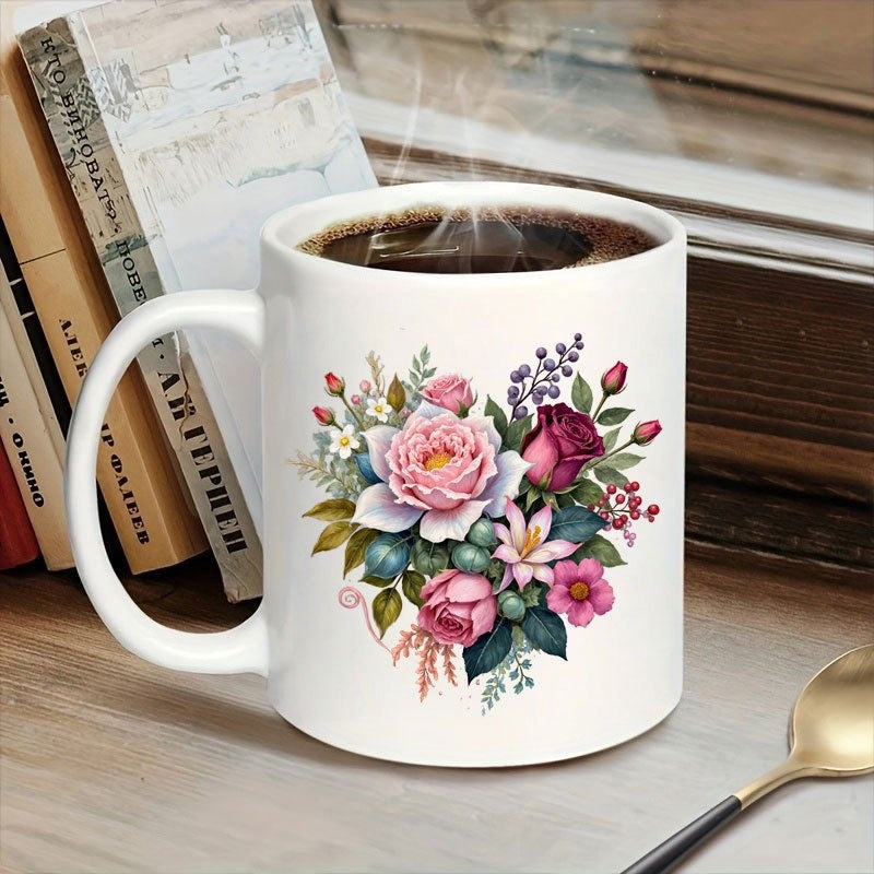 Tailorly White Ceramic 11 oz Mug - Elegant Blooming Roses And Lilies Nestled Among Lush Green Leaves Bouquet